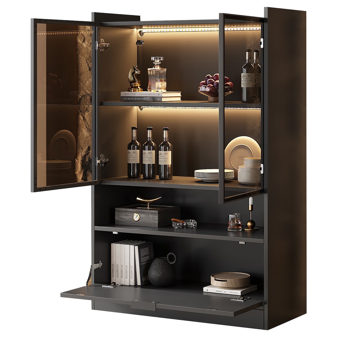 LED-Vitrine 120x80x35 cm Mattschwarz mit 3 Glasböden, unteres Klappfach, 16-Farben LED, Fernbedienung, moderne Vitrine für Wohnzimmer, Esszimmer