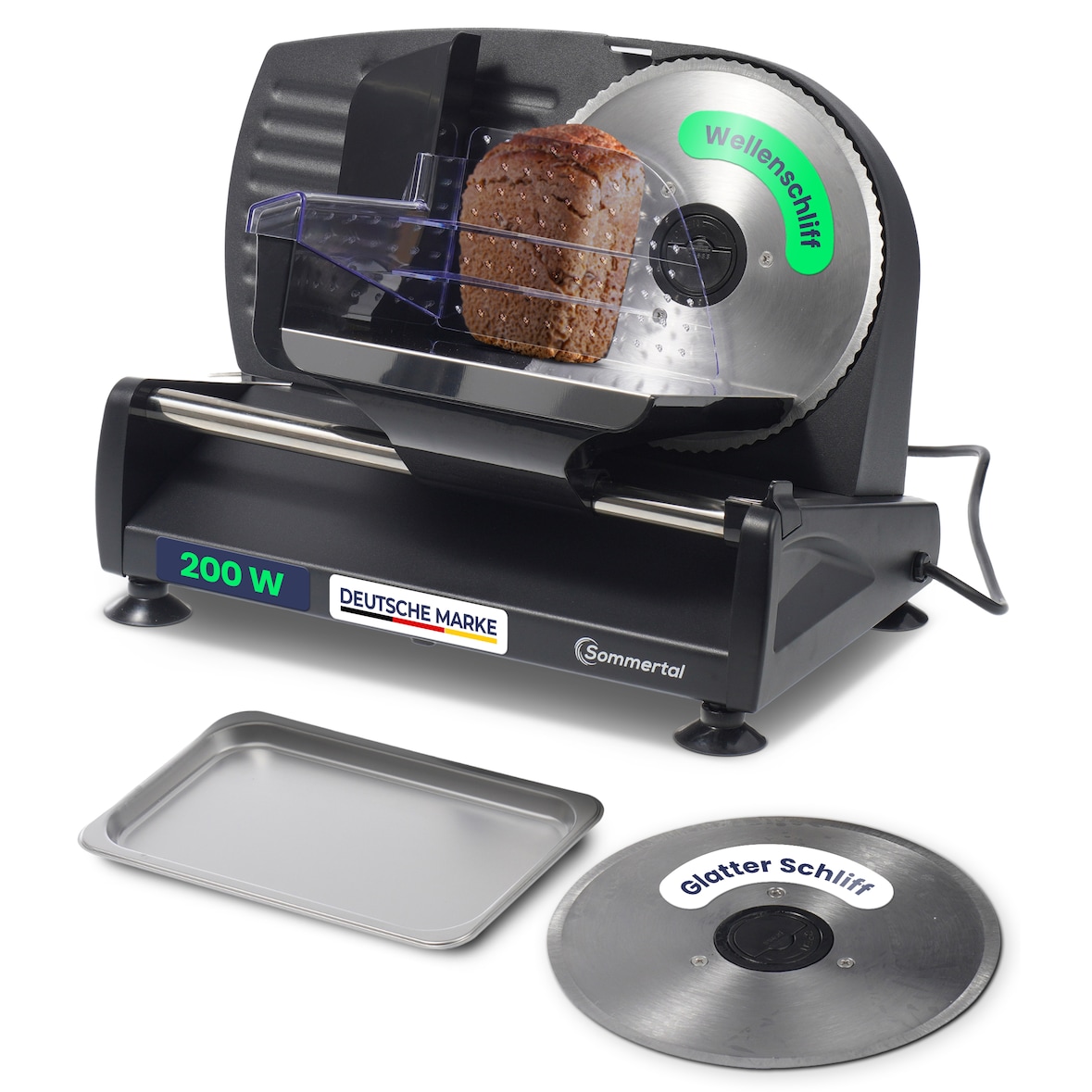 Sommertal Allesschneider AS190 Dual 200W Edelstahlmesser mit Wellenschliff und Glatten Schliff, platzsparend