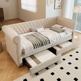 thumbnail of Schlafsofa Daybed 90x200 mit 2 Schubladen Stauraum, Leinenstoff Bezug, Armlehnen Rückenlehne, Tagesbett Gästebett Beige