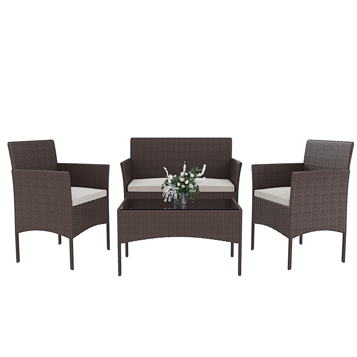 Arreditaly Set Di Mobili da Giardino Salotto Salottino in Rattan 4 Posti Tavolino E Ripiano In Vetro 2 Poltrone e Divano 2 Posti Per Giardino Brown