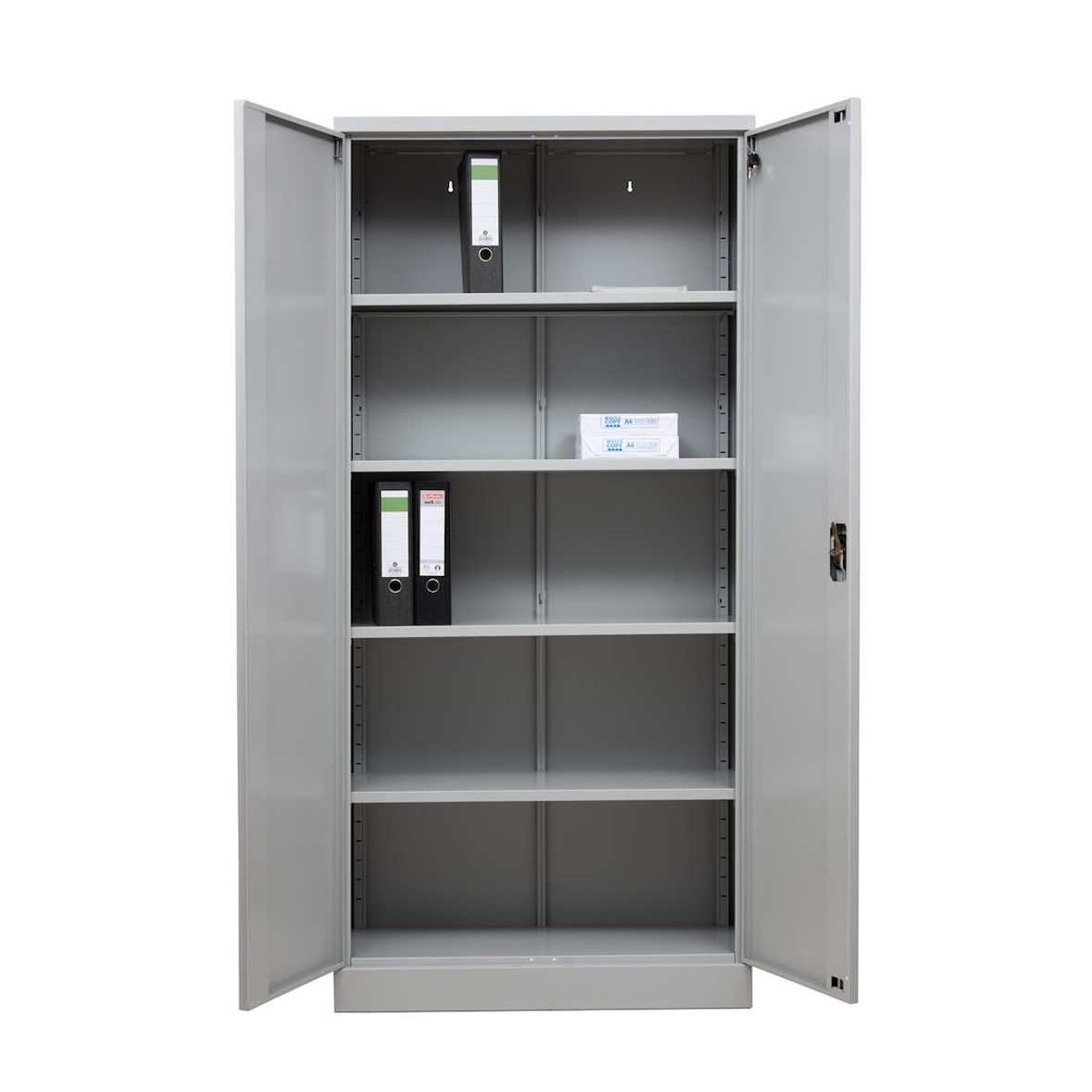PROREGAL Flügeltürenschrank Badger | 4 Fachböden | Eurolock Griff Sockel | HxBxT 195x120x42 cm | Grau | Lackiert