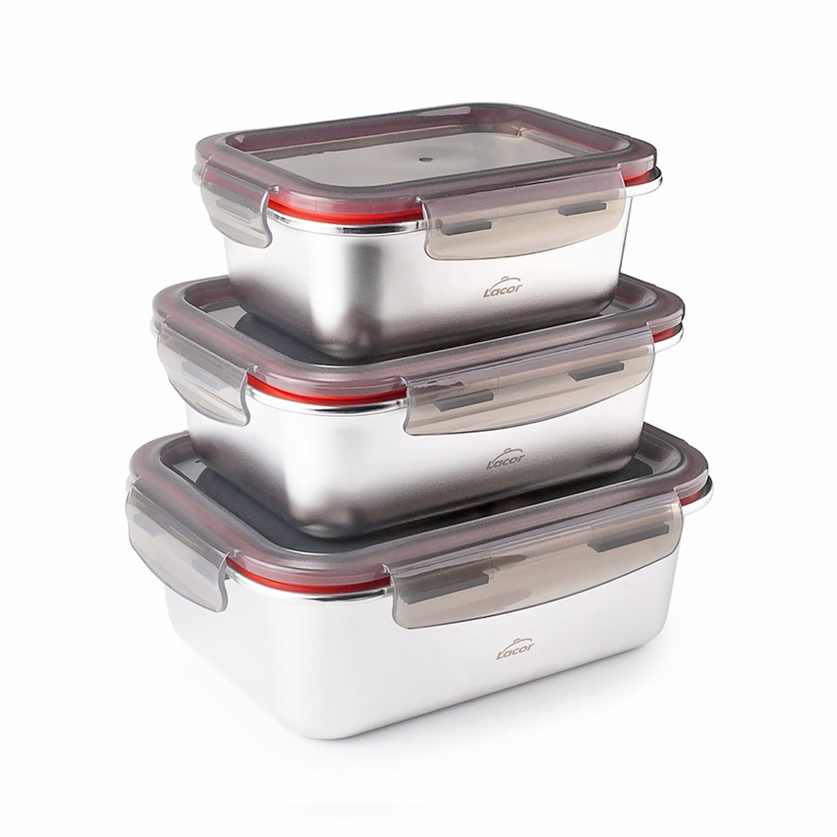 LACOR EcoInox - Lote de 3 Recipientes Rectangulares de 0.8L, 1.2L y 1.8L en Acero Inox. Apto Microondas