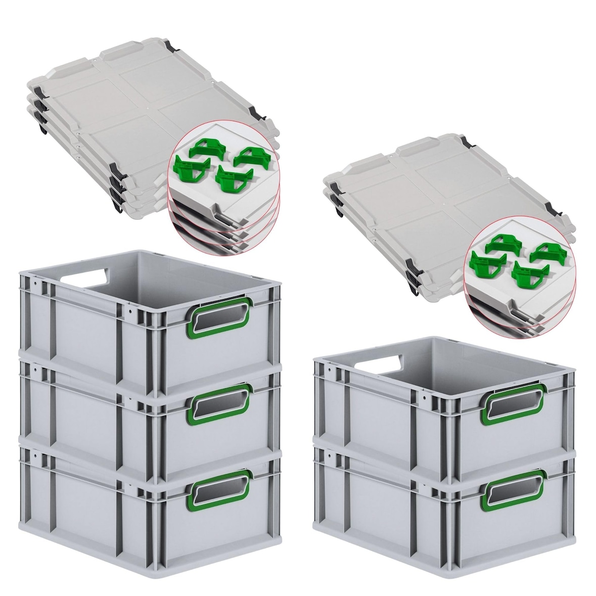 PROREGAL SparSet 5x Eurobox NextGen Color mit Auflagedeckel & Verschlüsse, HxBxT 17x30x40cm, 16L, Grau, Griffe grün offen, Eurobehälter, Box
