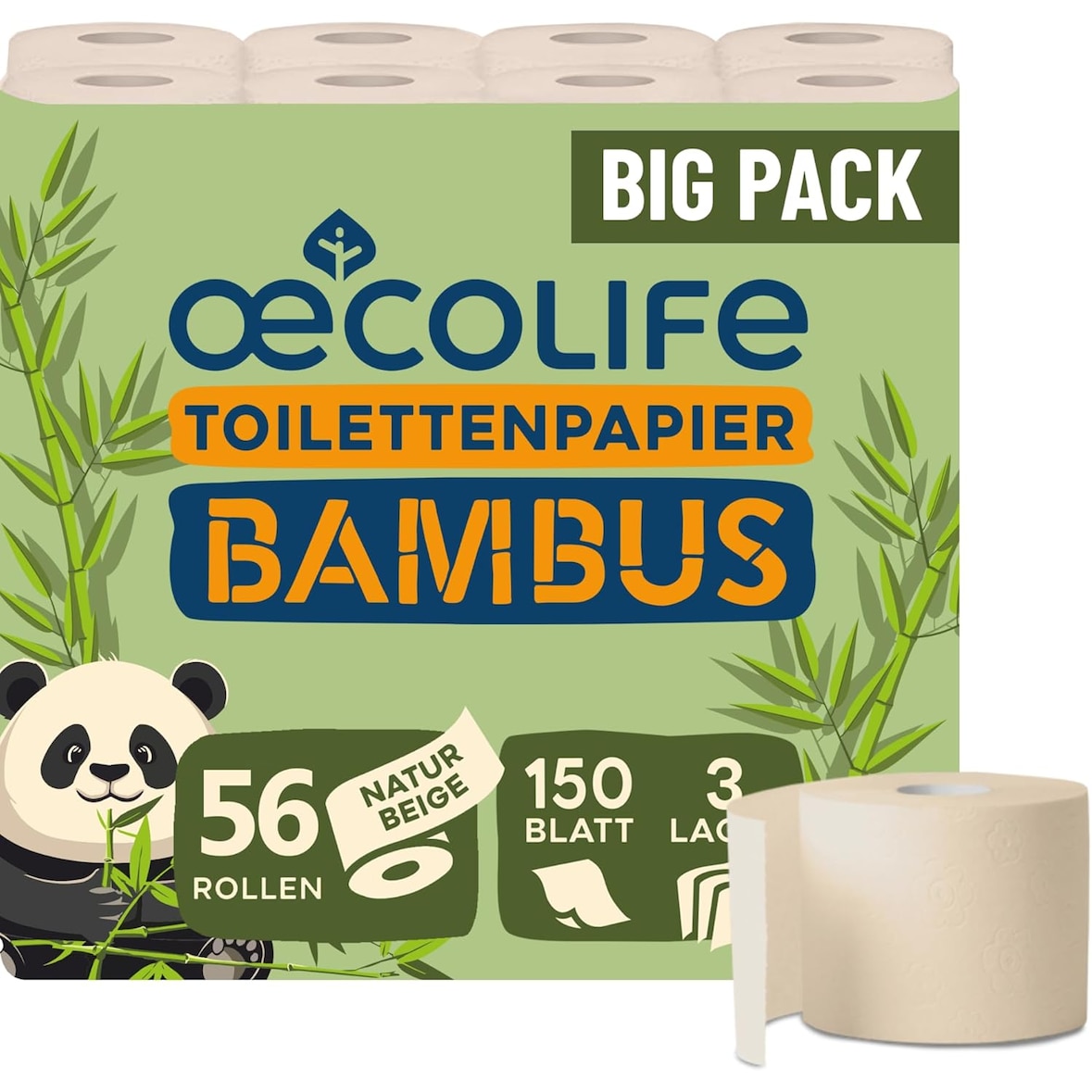 Toilettenpapier BAMBUS, 56 Rollen à 150 Blatt, 3-lagig, superweich, von Dermatest geprüft