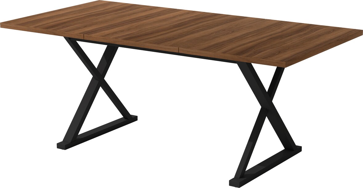 Esstisch MDF in Walnuss mit schwarzen Metallbeinen, 180x90 cm, X-Gestell, für 6–8 Personen