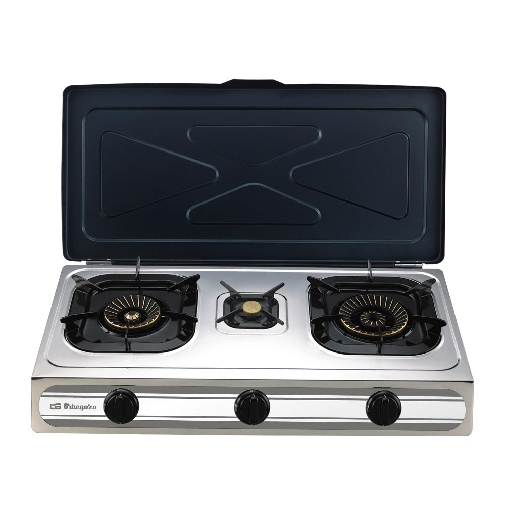 Orbegozo hornillo a gas FO 3500, gas butano o propano, encendido piezoeléctrico, dos quemadores de triple corona y un quemador pequeño, uso exterior