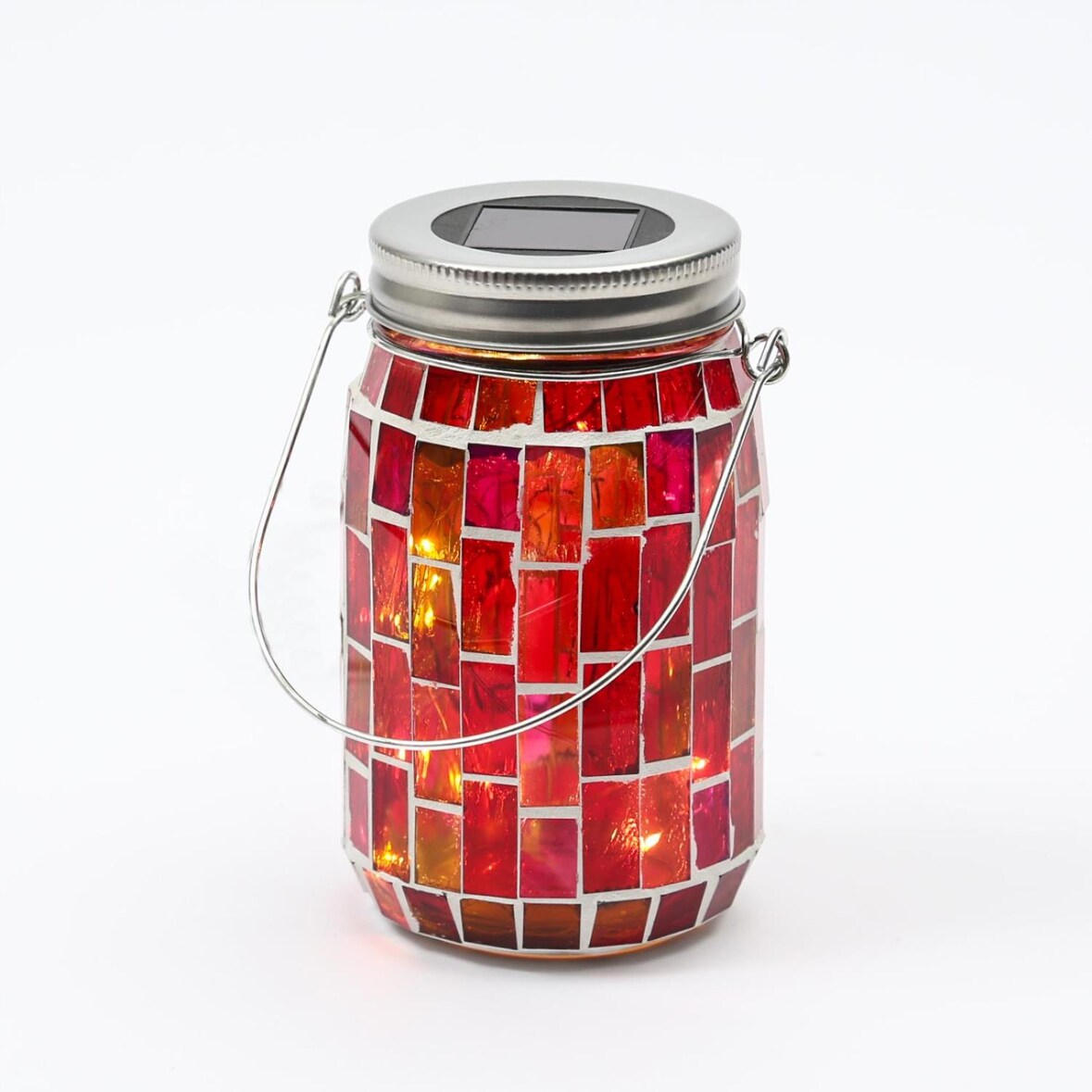 LED Solar Glas Einmachglas mit Mosaik Tischleuchte mit Henkel Lichtsensor rot