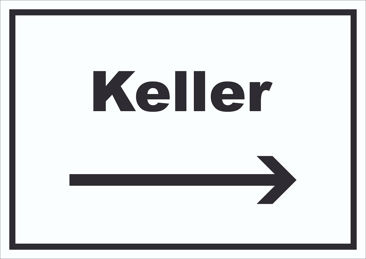 Keller Schild mit Text und Richtungspfeil rechts waagerecht A4 Rückseite selbstklebend