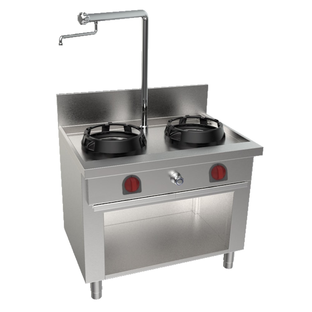 EURAST - Wok refrigerato con 2 fuochi a gas su supporto, 1 colonna d'acqua - 1000x700x850 mm - 35 Kw - 32107CK5