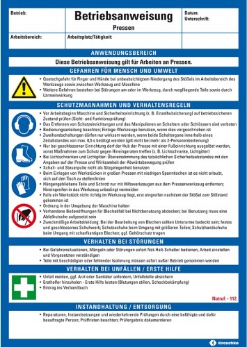 Dreifke® Maschinenbetriebsanweisung Pressen, Kunststoff, 210x297mm, ASR A1.3, DIN EN ISO 7010