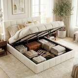 thumbnail of Bett NEGAD - Stoff Creme 194x206x30 cm | Bett 180x200 Polsterbett Mit Bettkasten Gepolsterte Kopfteil Steppnähte Massivholzrahmen