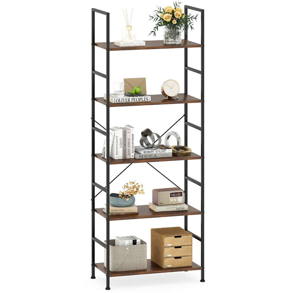 Helloshop26 - Estantería de salón de 5 niveles 60 x 30 x 160 cm con kits antivuelco y acabado madera rústica marrón 20_0018675