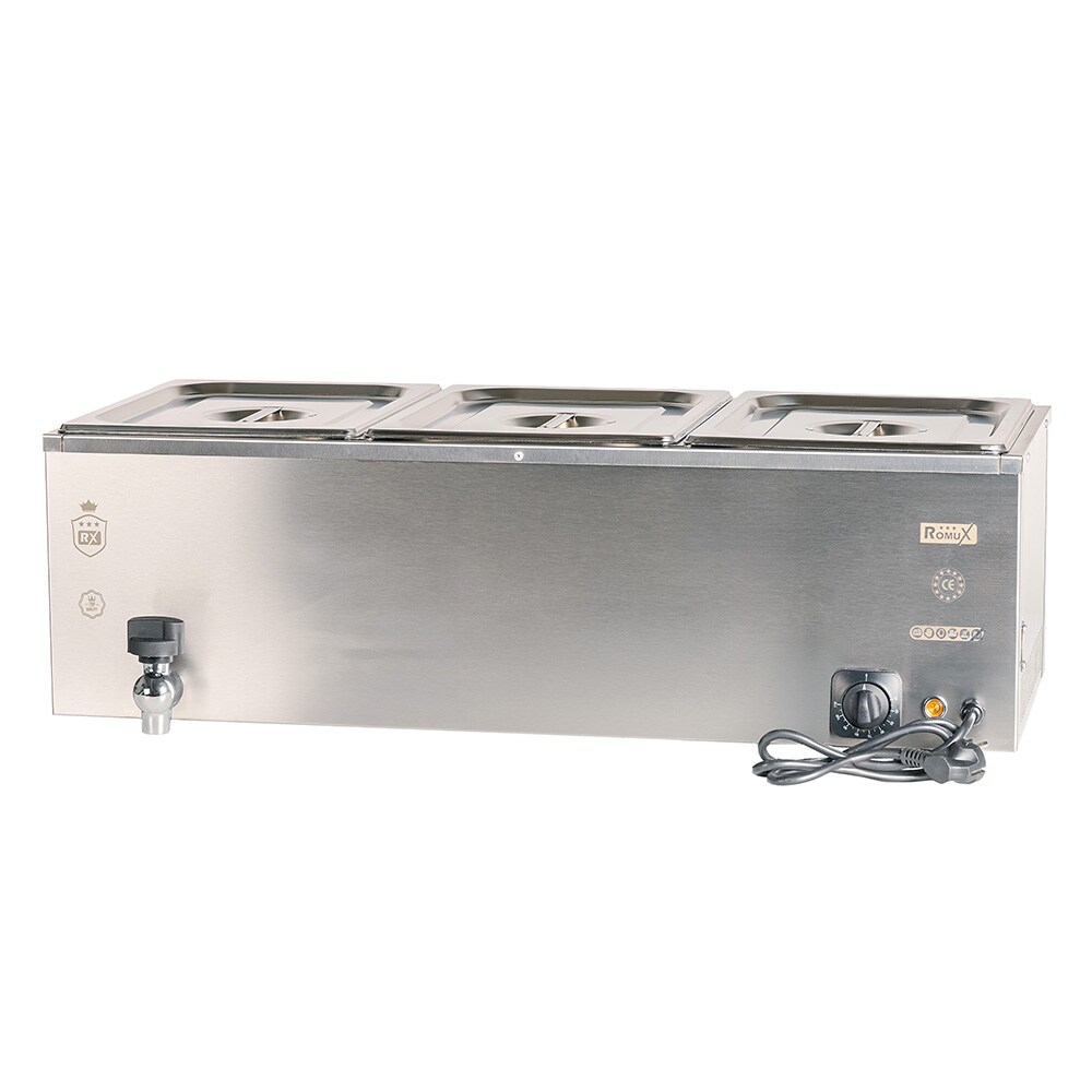 Romux Bain Marie Elektrisch 3 Behälter GN 1/2 Tischgerät aus Edelstahl mit Ablasshahn und Temperaturregler 30-110°C | Wasserbad Gastronomie - 2000W