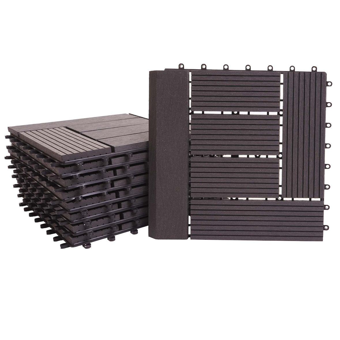 BERLINLODGE WPC Bodenfliese + Abschluss | 11x je BxT 30x30cm = 1qm Premium | Holzoptik Balkon/Terrasse | Anthrazit versetzt