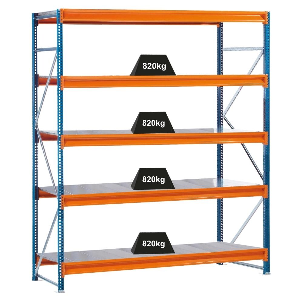 PROREGAL Weitspannregal mit Stahlpaneelen W 100 | Grundregal | HxBxT 300x250x80cm | 5 Ebenen | Fachlast 820 kg | Blau/Orange/Verzinkt