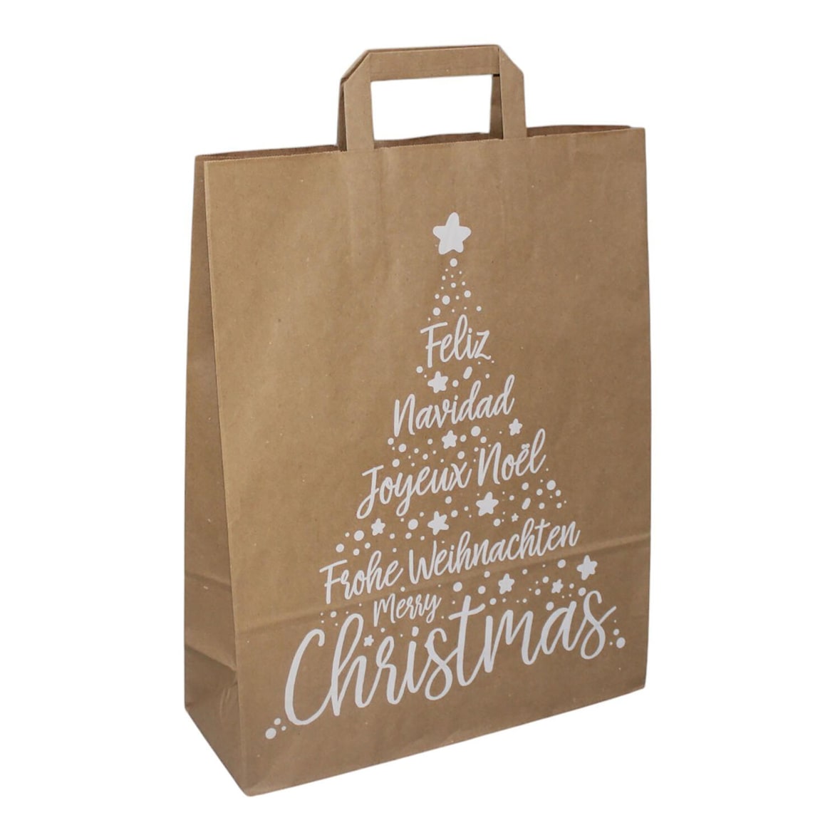 VEPATIM 50 Papiertragetaschen aus Kraftpapier 320+120x400mm Motiv Christmas weiß braun 80 gr.