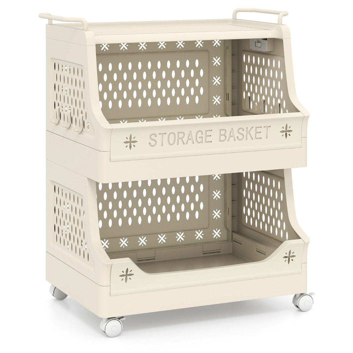 Helloshop26 - Moderno cesto portabiancheria impilabile su ruote 44,5 x 29,5 x 52,5 cm con ganci in PP beige 20_0017484