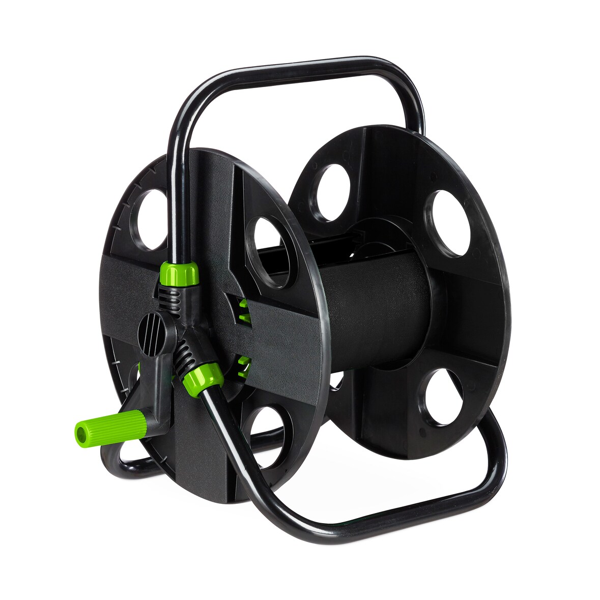 Relaxdays Schlauchtrommel, für 30 m 1/2" Schlauch, Stahl, Kunststoff, Schlauchhalter, HBT: 38 x 42 x 31 cm, schwarz/grün
