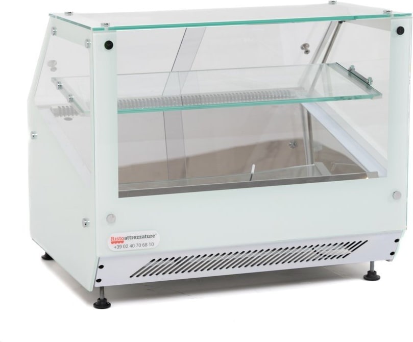 Kühlvitrine für den Arbeitstisch mit geraden Gläsern – gekühlt – eingebauter Motor – zwei Ebenen – glatte Oberseite – weiß – 74 x 60 x 60 cm