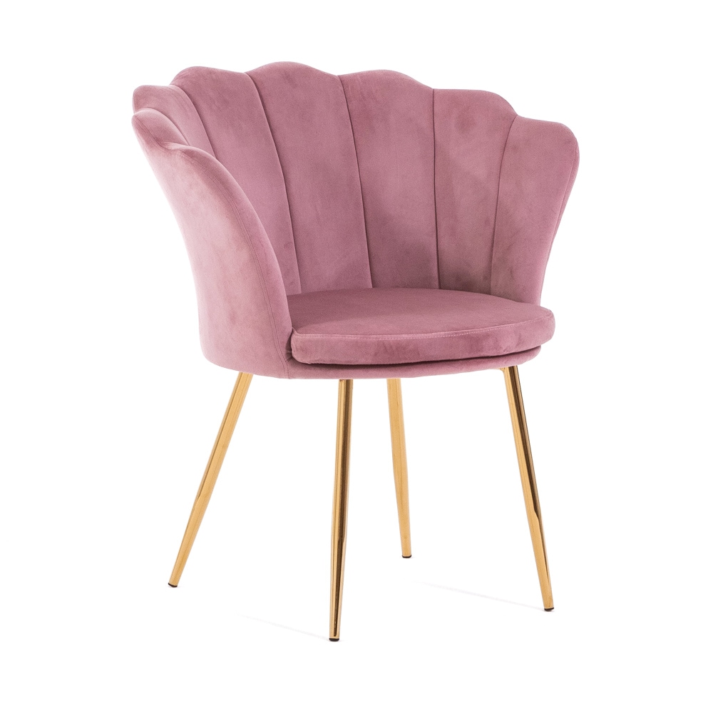 Fluwelen fauteuil voor binnen in schelpvorm, verfijnd en elegant design, metalen poten, ideaal voor slaapkamer en woonkamer – SHELLY – Roze/Goud