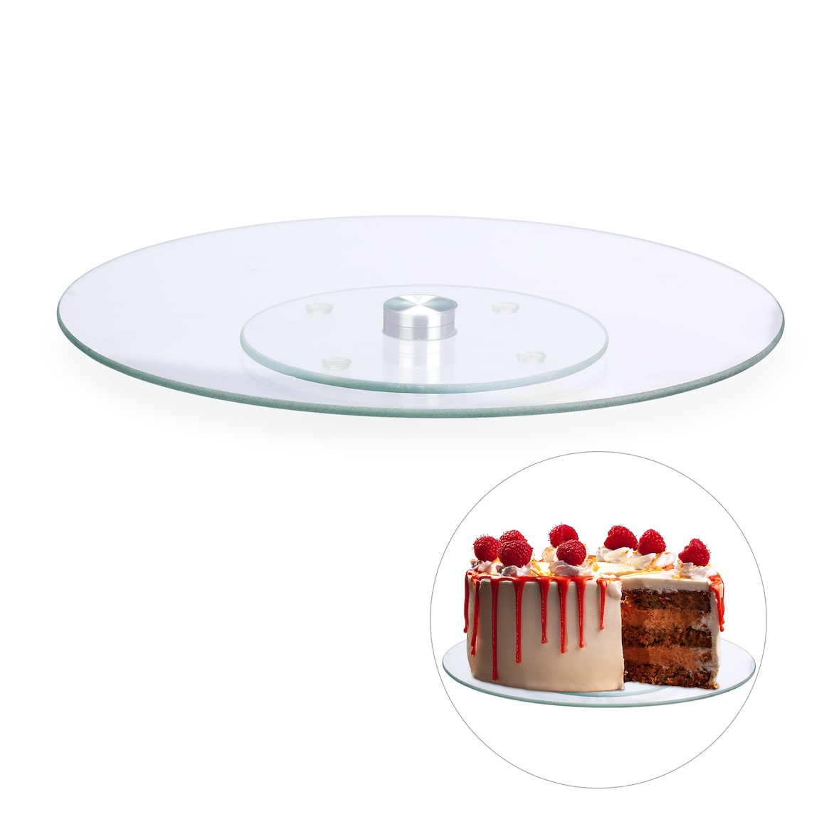Relaxdays Tortenplatte, 360º drehbar, ∅ 30 cm, zum Servieren & Dekorieren, Kuchen, runder Drehteller, Glas, transparent