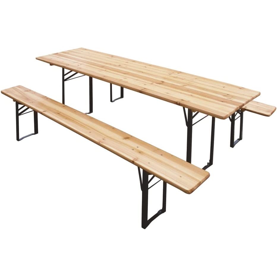 Set Birreria Completo Tavolo Con 2 Panche In Legno Naturale Gambe Pieghevoli Bar Pub Giardino Fiera Picnic Camping Campeggio Feste Sagre 220x70x75 Cm