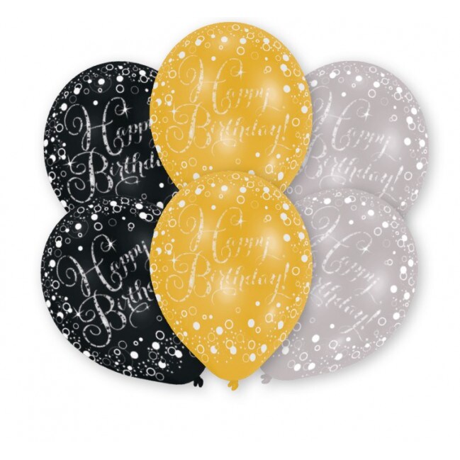 6 Ballons Happy Birthday gold,schwarz, silber