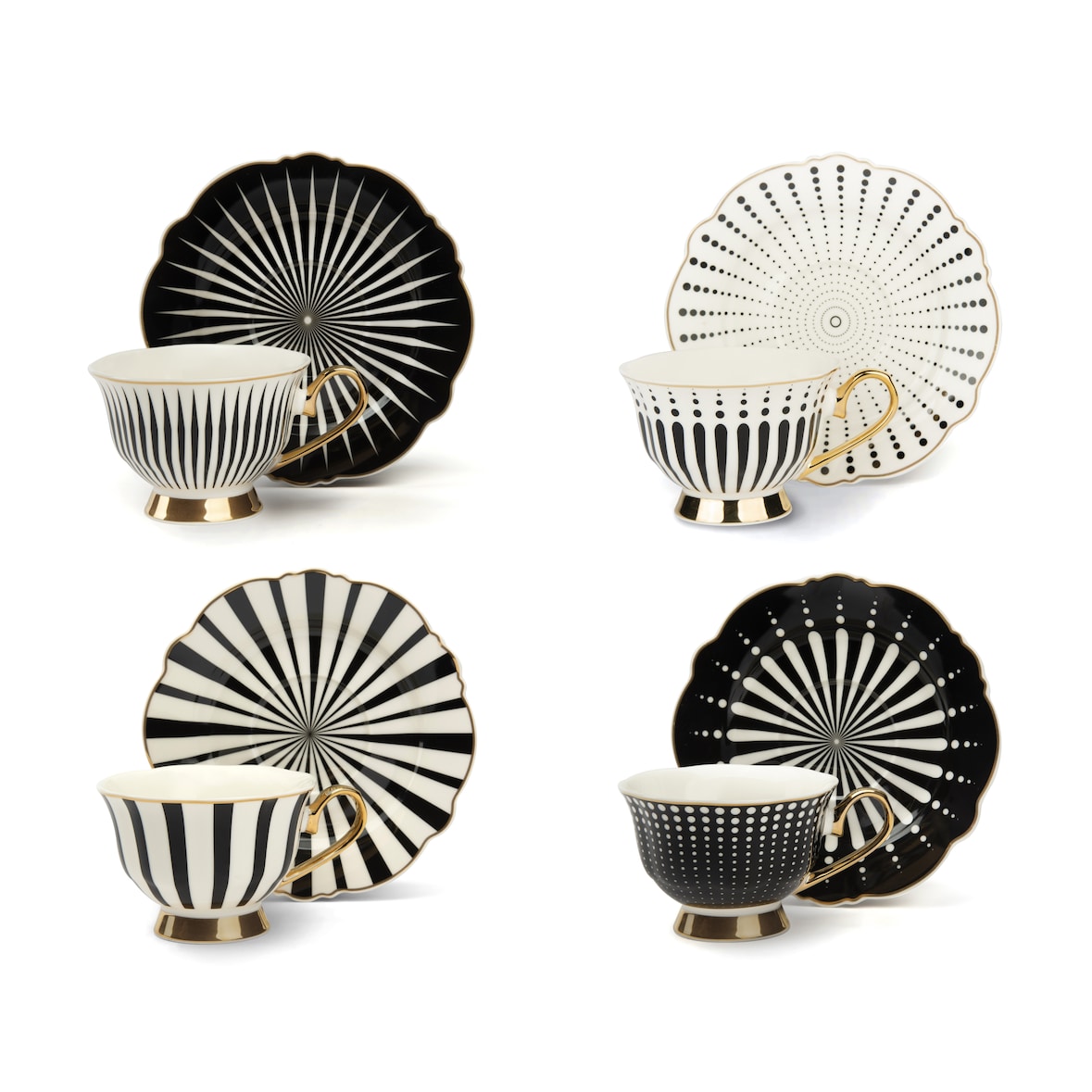 Excelsa lot de 4 tasses à thé avec soucoupes Alice porcelain 20 cl noir