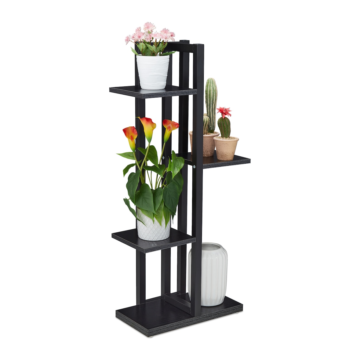 Relaxdays Blumenregal Metall, 4-stufige Indoor Blumentreppe, Holzoptik, HBT: 93 x 42,5 x 22,5 cm, Pflanzenregal, schwarz