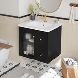 thumbnail of Wandmontierter Badschrank aus MDF in Schwarz, 60,5x47,5x57 cm, mit Keramikbecken, LED-Innenbeleuchtung und Soft-Close