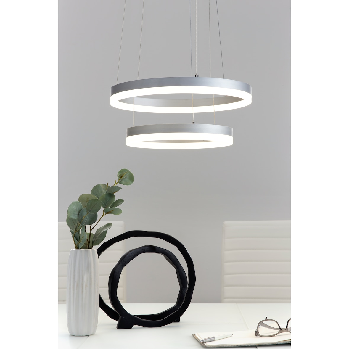 SalesFever Candeeiro suspenso redondo Ø 38 cm | 2 chamas | incluindo anéis LED | Metal com acrílico | L 38 x P 38 x A 150 cm | branco-cromo