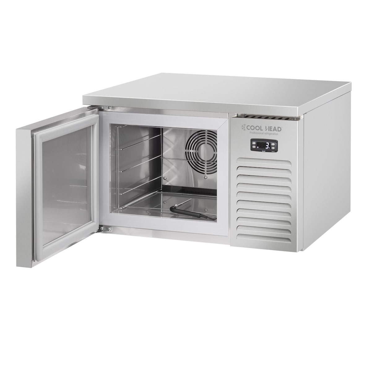 Abbattitore 3 teglie GN2/3. Sonda a spillone. Cicli Temperatura e Tempo. Temperatura +10°C/-38°C. Misure (LxPxH) 66x64x43,7 cm. Cool Head RF23A