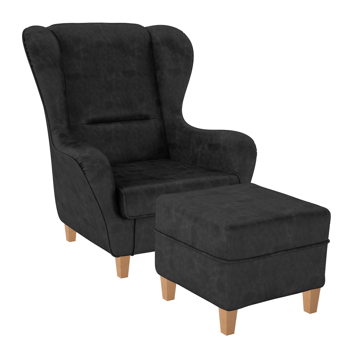 Supellex Sofia Ohrensessel mit Hocker | Design Kunstleder Texas Anthrazit