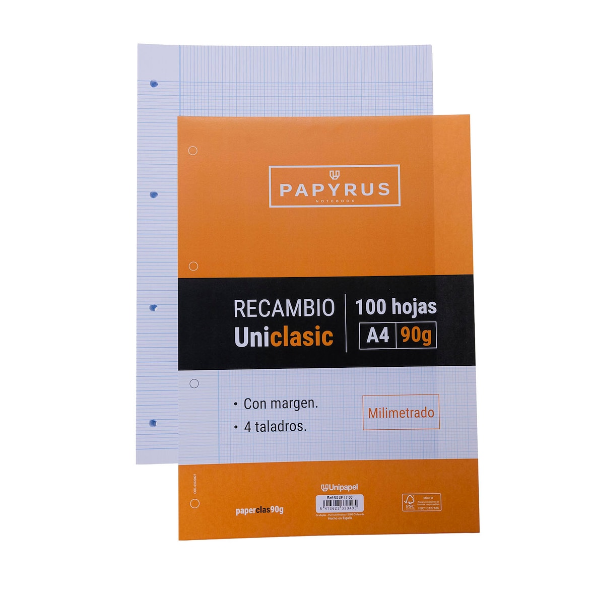 Recambios A4 100 Hojas 90 gramos Milimetrado con margen y taladros