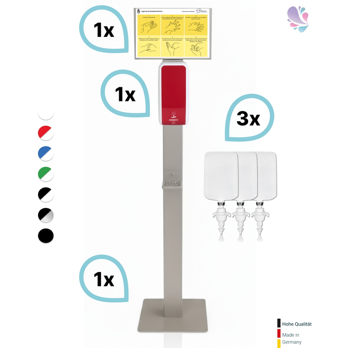 SET: Desinfektionsspender SENSOR Cosmos +Bodenständer Edelstahl +Infotafel +3x 1-Liter Hautdesinfektion +prof. Hygieneplan