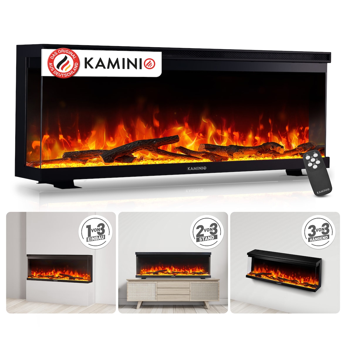 KAMINIO Elektrokamin LEA - Elektrischer 3-in-1 Kamin mit Panoramaview, Heizung, 3D-Flammeneffekt, 12 Flammenfarben, Fernbedienung  - 42 Zoll