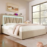 thumbnail of Merax Polsterbett LED Doppelbett mit USB Typ C Ladefunktion und LED-Beleuchtung, Leinen 140x200 (Ohne Matratze) Beige