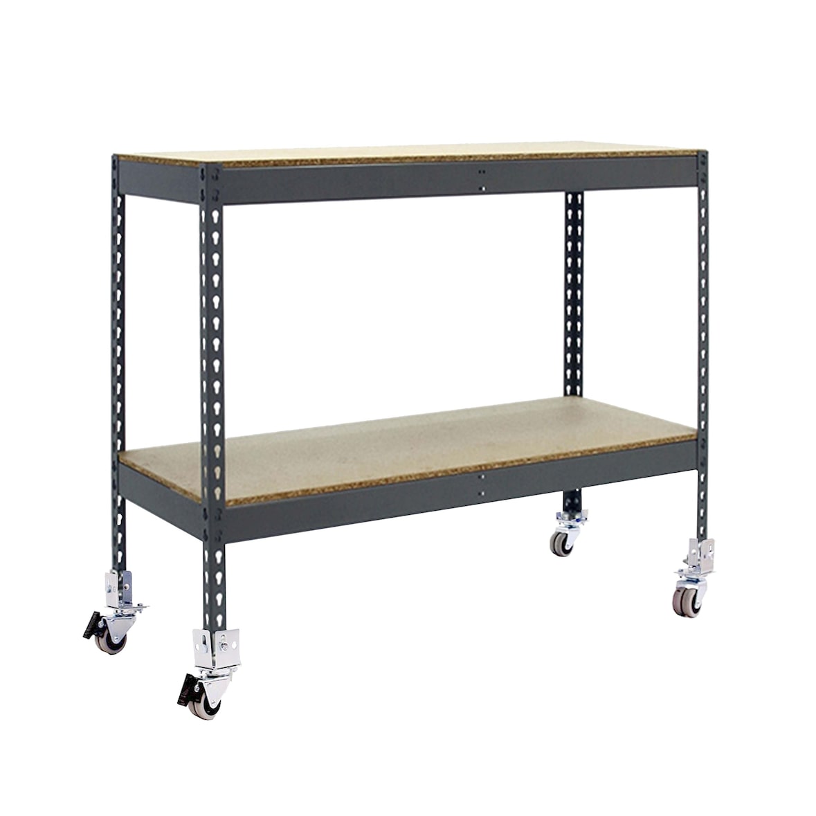 Schwerlastregal mit Rollen, 975x1500x600 mm, 75 kg Biegetragfähigkeit pro Boden, 2 Holzböden, Garagenregal, Grau/Holz - Ecoforte