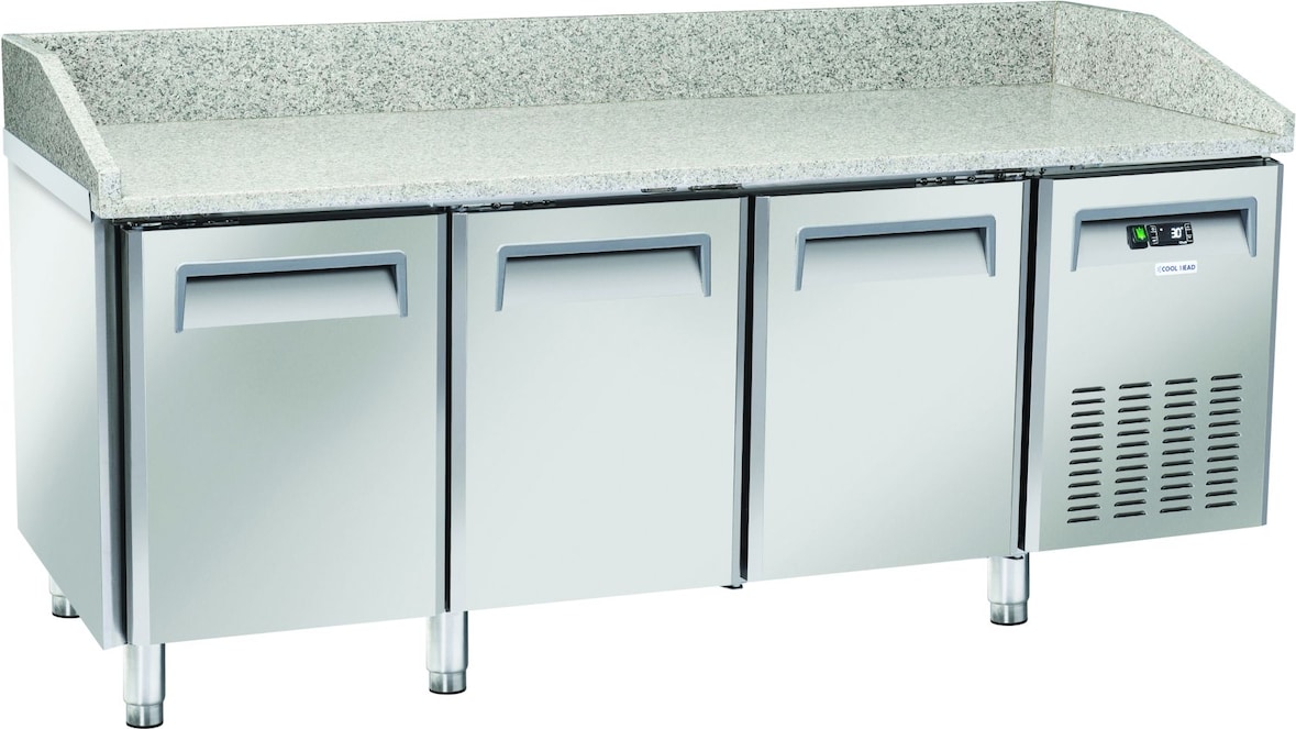 CoolHead QZ30 Edelstahl-Pizzatheke, 3 Türen, Granitplatte, automatische Abtauung, Temperatur +2°C/+8°C, Maße 202,5x80x104 cm