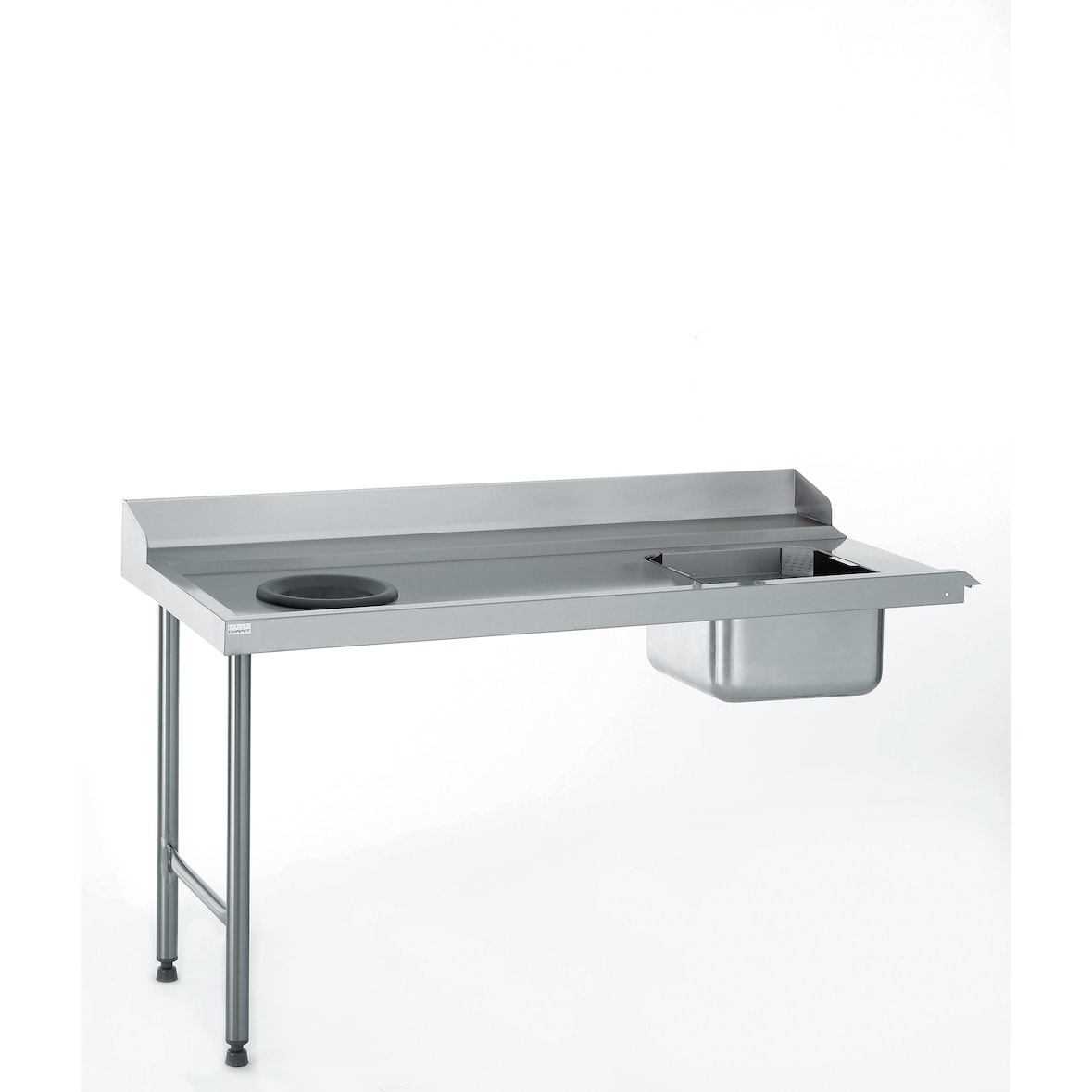 Tournus Standaard-aanvoertafel 1600mm lang met wastafel 400 x 400 mm en uitwerpschacht, incl. afklopring. Rechts inhangbaar