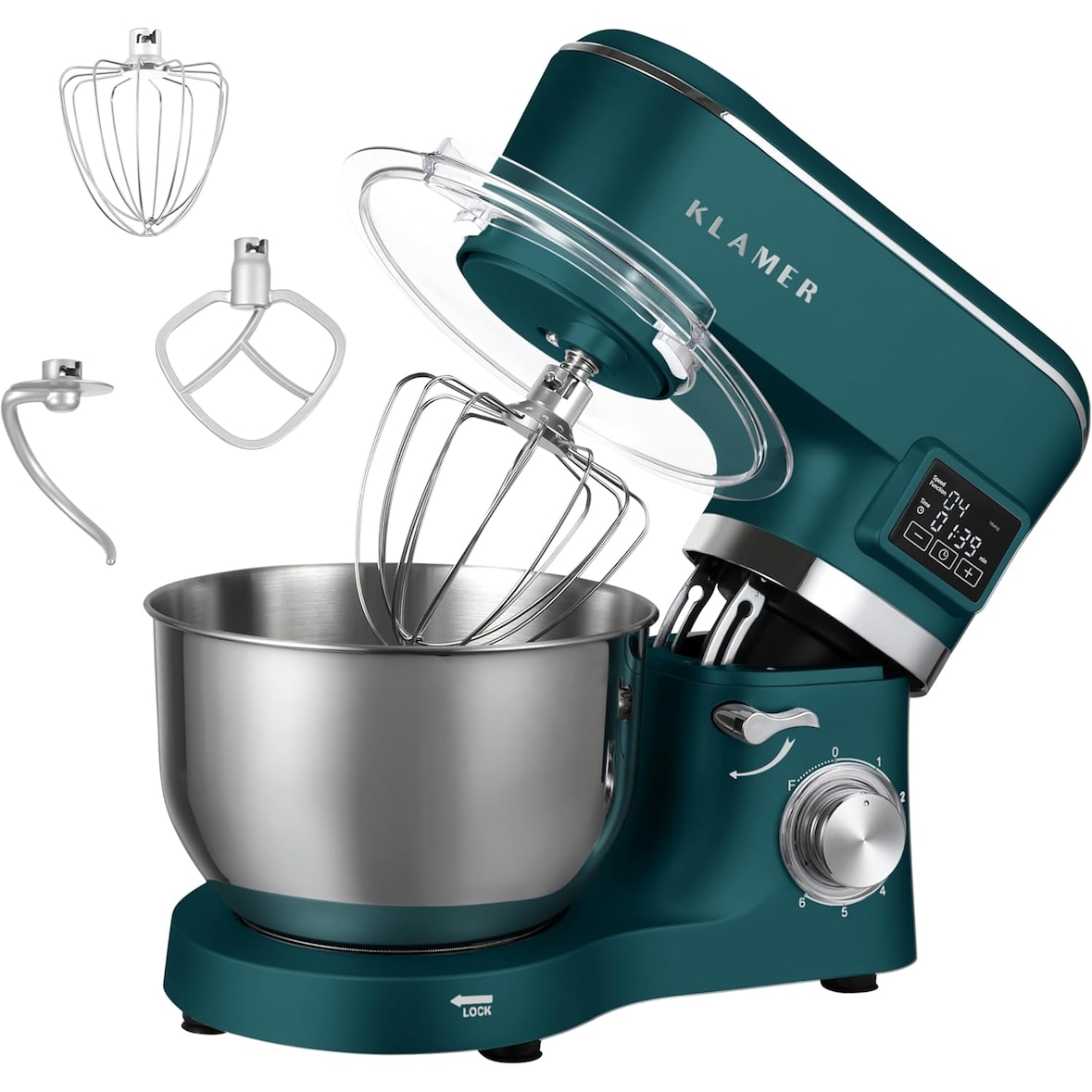 KLAMER Küchenmaschine Classic 1400 W – 5,5 L Rührschüssel aus Edelstahl, Knet-, Rühr- & Schneebesenaufsatz, Timer & LED-Display, stabile Saugnapffüße…