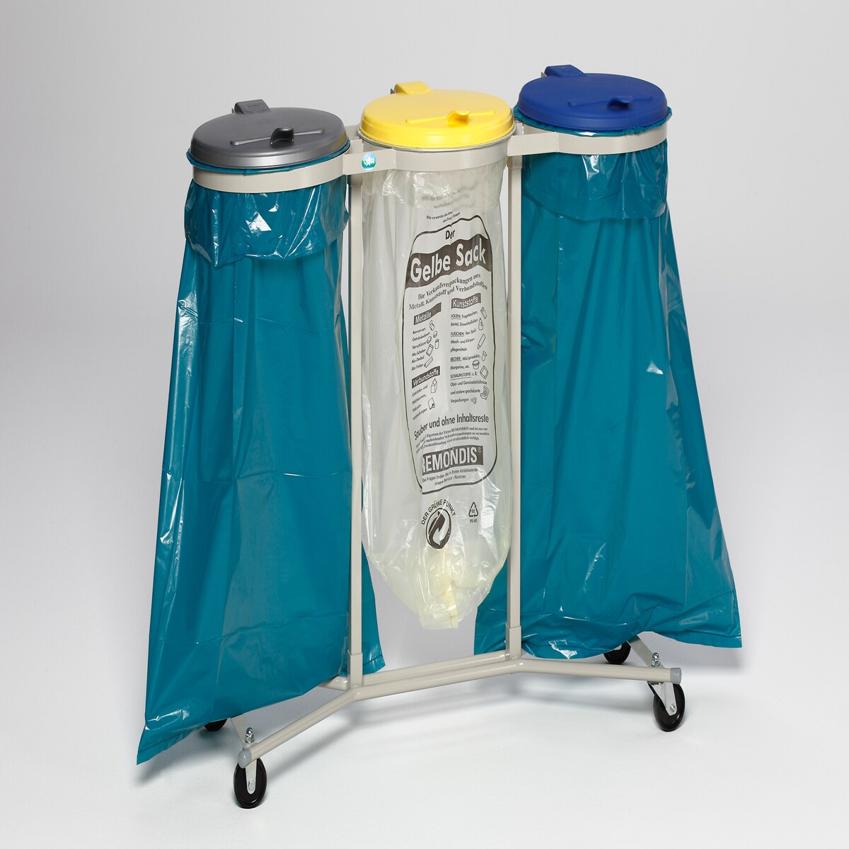 PROREGAL Robuster Abfallsammler für Wertstoffsortierung 3-Fach | Fahrbar, mit Rollen | 3x 120 Liter, HxBxT 96x106,5x44cm | Stahl | Mülleimer