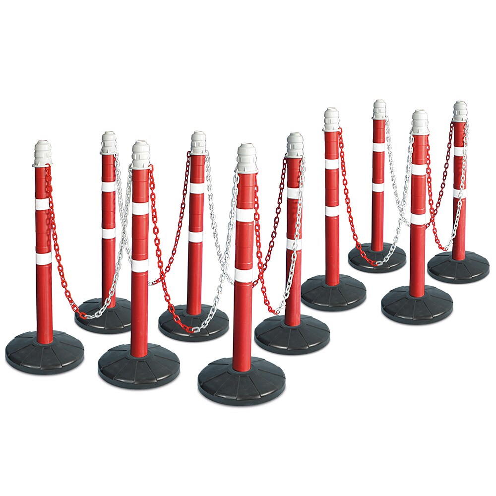 Ketten- / Warnständer Komplett-Set mit 10 Kettenständern, 18 m Kette, Rohr Ø 70 mm, Höhe 1000 mm, Standfuß aus Vollgummi