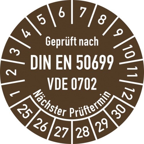 Dreifke® Prüfplakette DIN EN 50699 Nächster P., 2025-2030, Folie, Ø 30mm, 10 Stück/Bogen