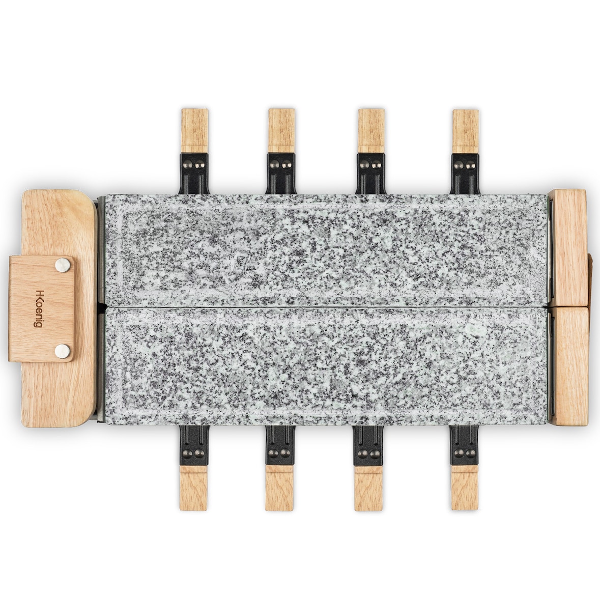 Raclette WOD362 Hkoenig con base giratoria 180°, placas de piedra y diseño en madera natural, 1400 W