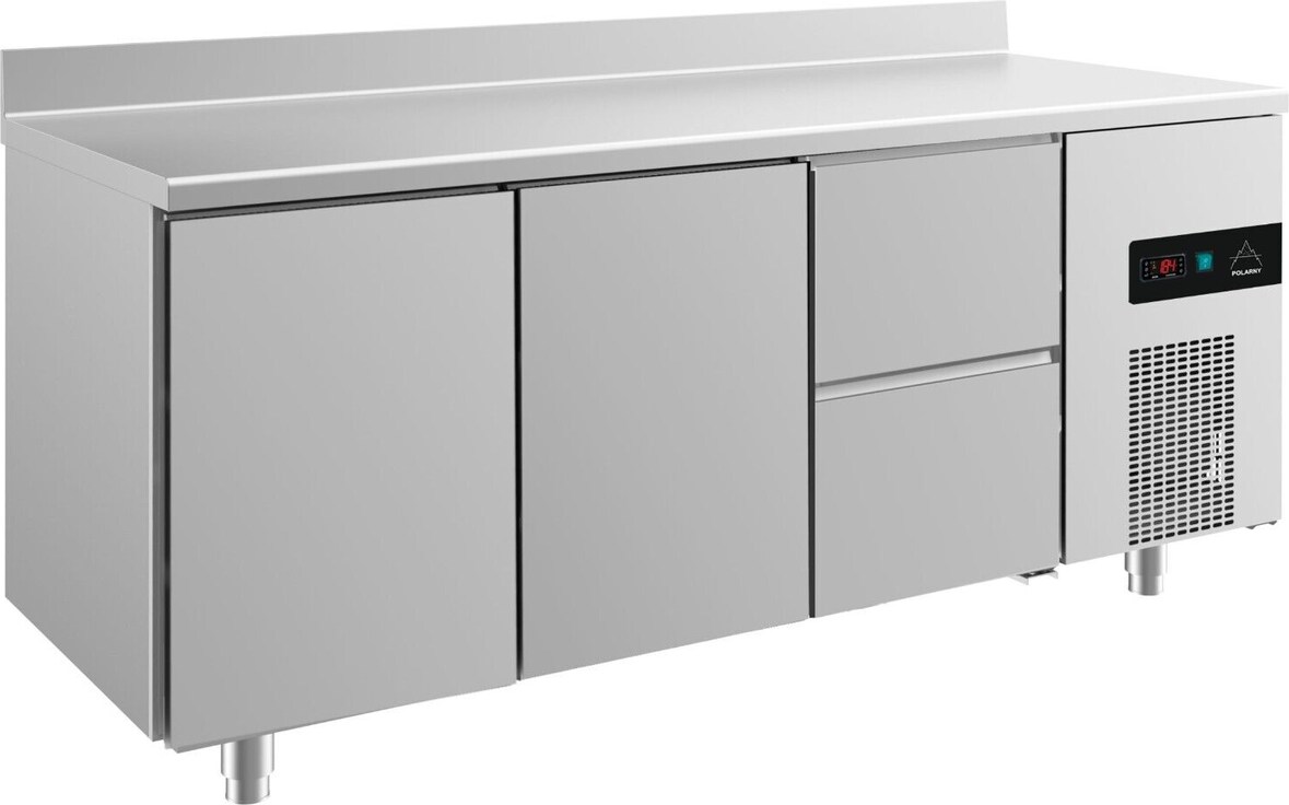 Gastro Edelstahl Kühltisch 2 Türen links 2 Schubladen rechts Aufkantung, 1865x700x850mm -2/+8°C