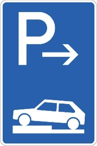 Verkehrsschild VZ315-71, Parken halb auf Gehwegen quer links (Anfang), Alu, RA1, 420x630 mm