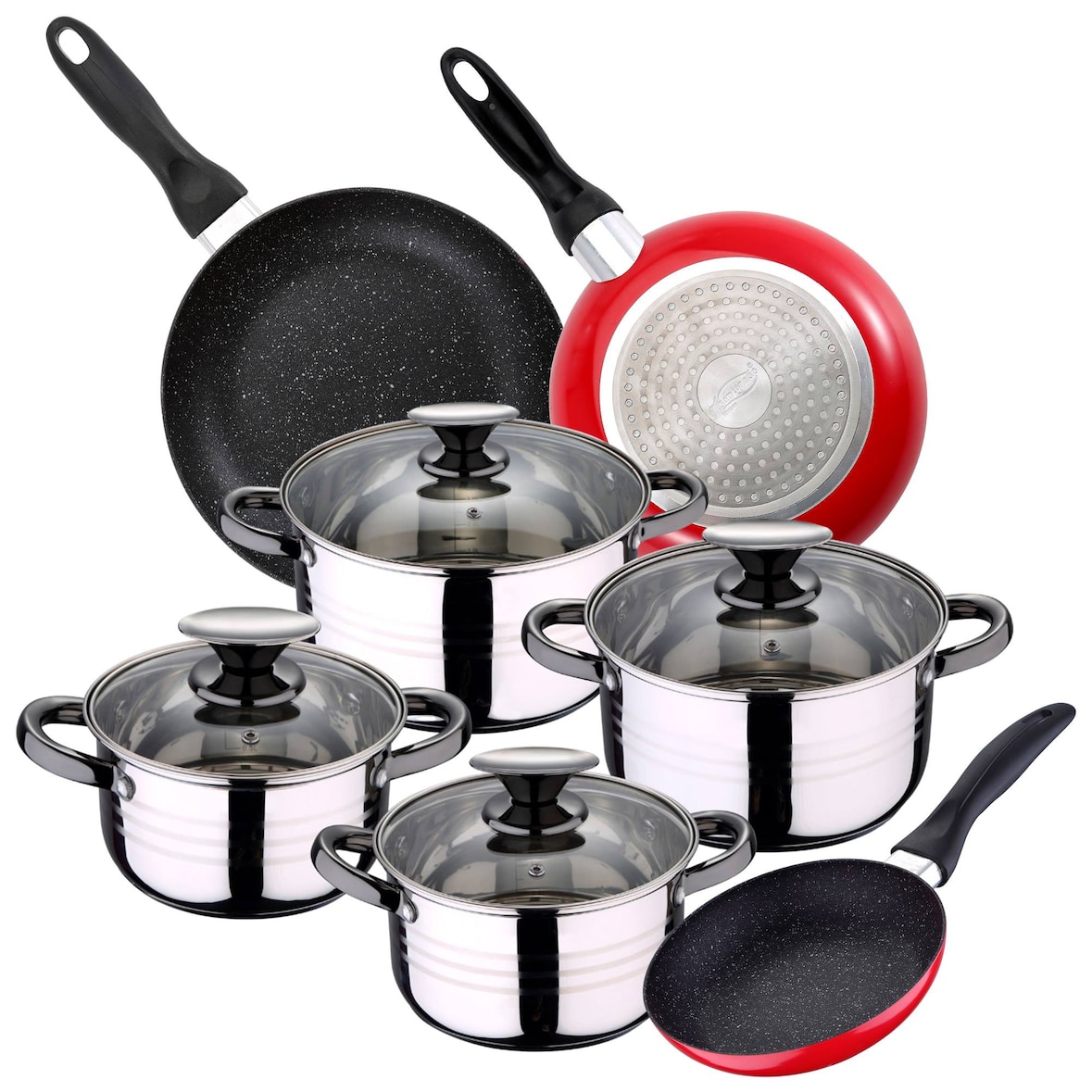 San Ignacio - Hita Kochgeschirrset 16/18/20/24 cm Edelstahl mit 3 16/20/24 cm gepressten Aluminiumpfannen, Induktion