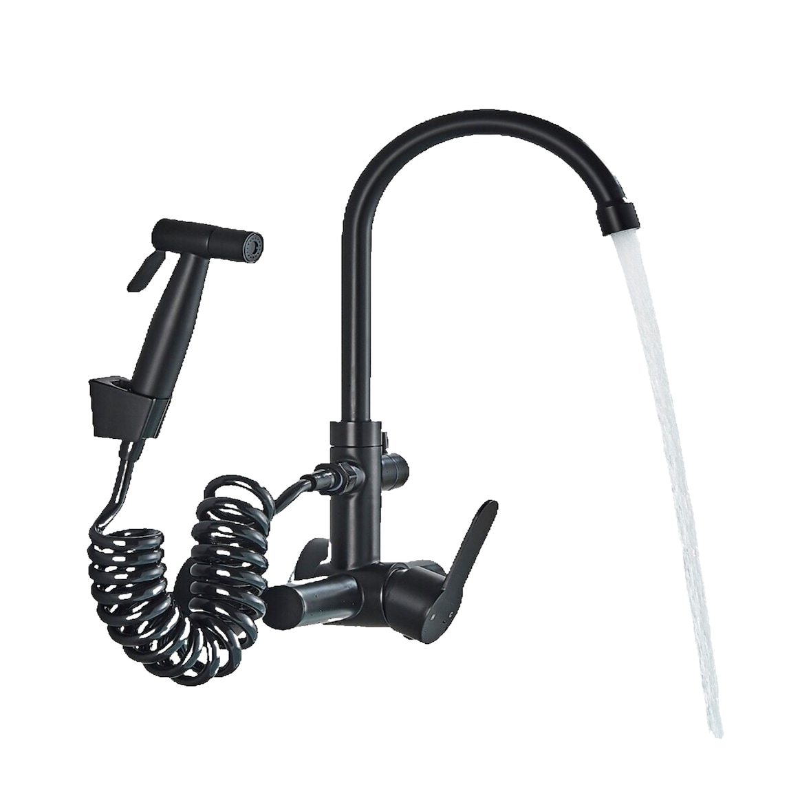 JULIE |Torneira misturadora gastronómica de parede preta|de cozinha profissional em aço inoxidável com duche de mão|restaurante de parede de bica alta