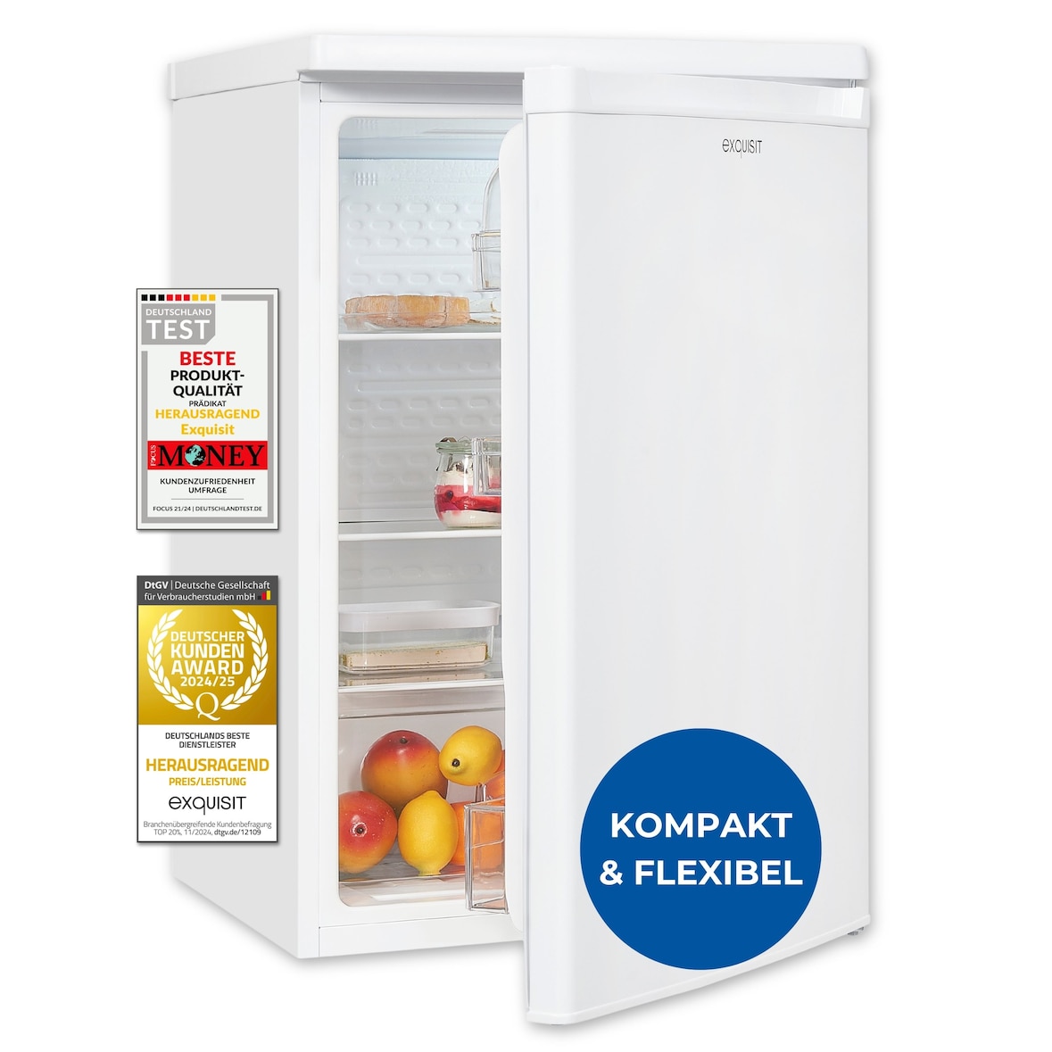 Exquisit Kühlschrank ohne Gefrierfach, 126 Liter, 55 cm Breit, Freistehend, Kompakt, Temperaturregelung, LED-Licht, KS516-V-040D weiss